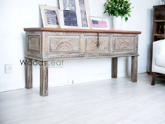 Coffre de console rustique magnifiquement fabriqué à la main à partir de bois récupéré sculpté à la main Idéal pour un espace de rangement supplémentaire