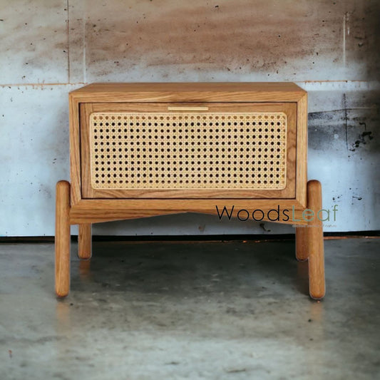 Table de chevet en canne naturelle faite à la main / Table de chevet / Tiroir en bois Décoration intérieure Bois de manguier Finition naturelle Meubles indiens