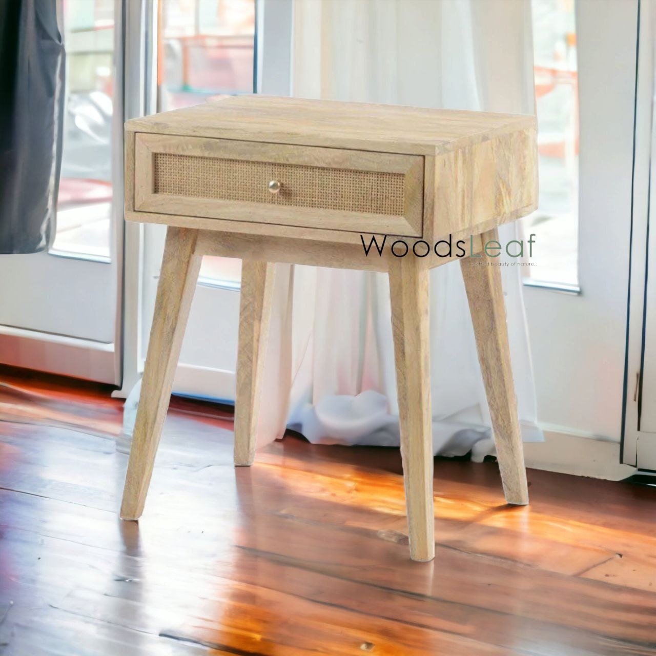 Table de chevet en canne naturelle faite à la main, tiroir en bois, décoration de maison, bois de manguier, finition naturelle, meubles indiens, table de chevet