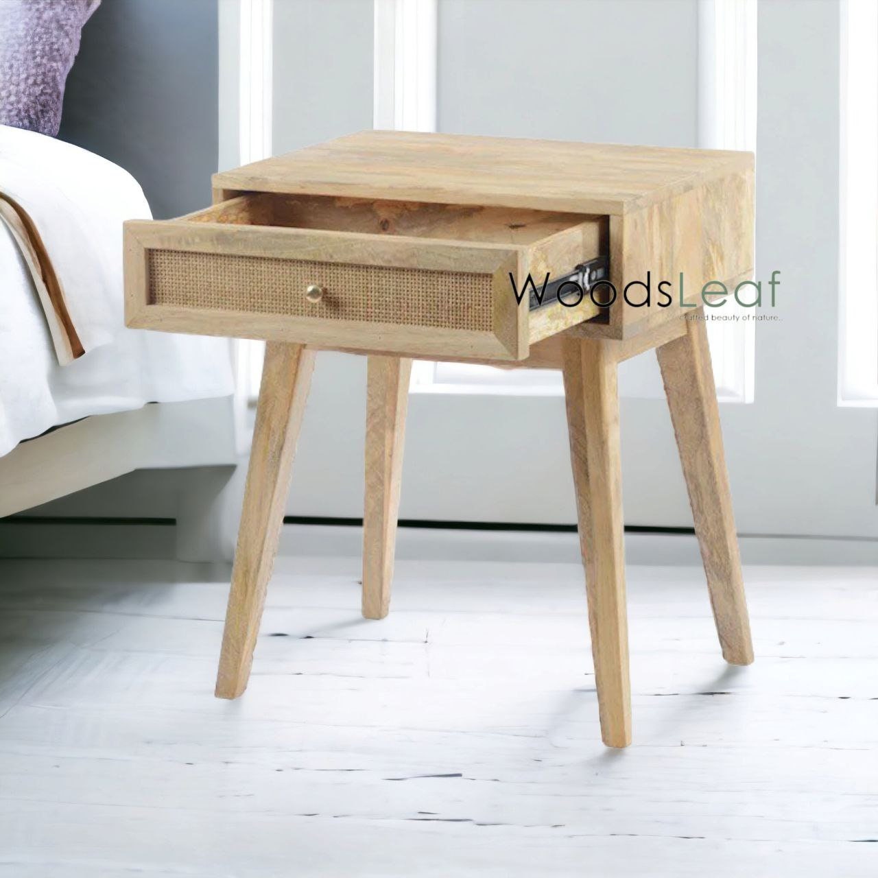 Table de chevet en canne naturelle faite à la main, tiroir en bois, décoration de maison, bois de manguier, finition naturelle, meubles indiens, table de chevet