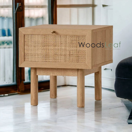 Table de chevet en canne naturelle faite à la main / Table de chevet / Tiroir en bois Décoration intérieure Bois de manguier Finition naturelle Meubles indiens