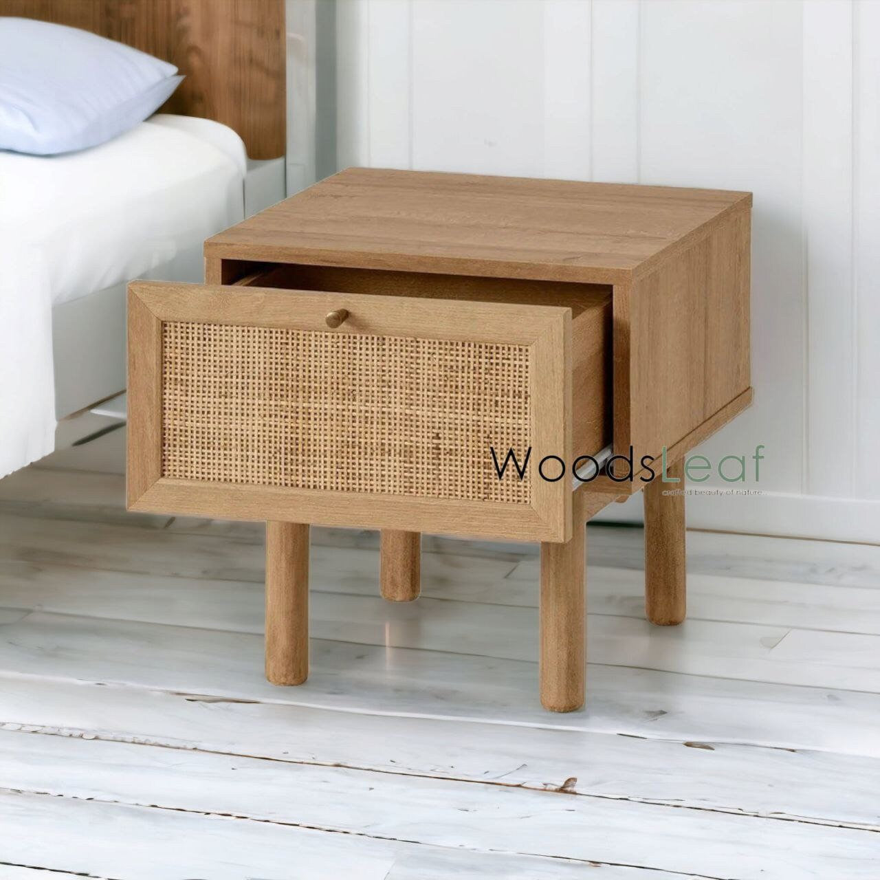 Table de chevet en canne naturelle faite à la main / Table de chevet / Tiroir en bois Décoration intérieure Bois de manguier Finition naturelle Meubles indiens