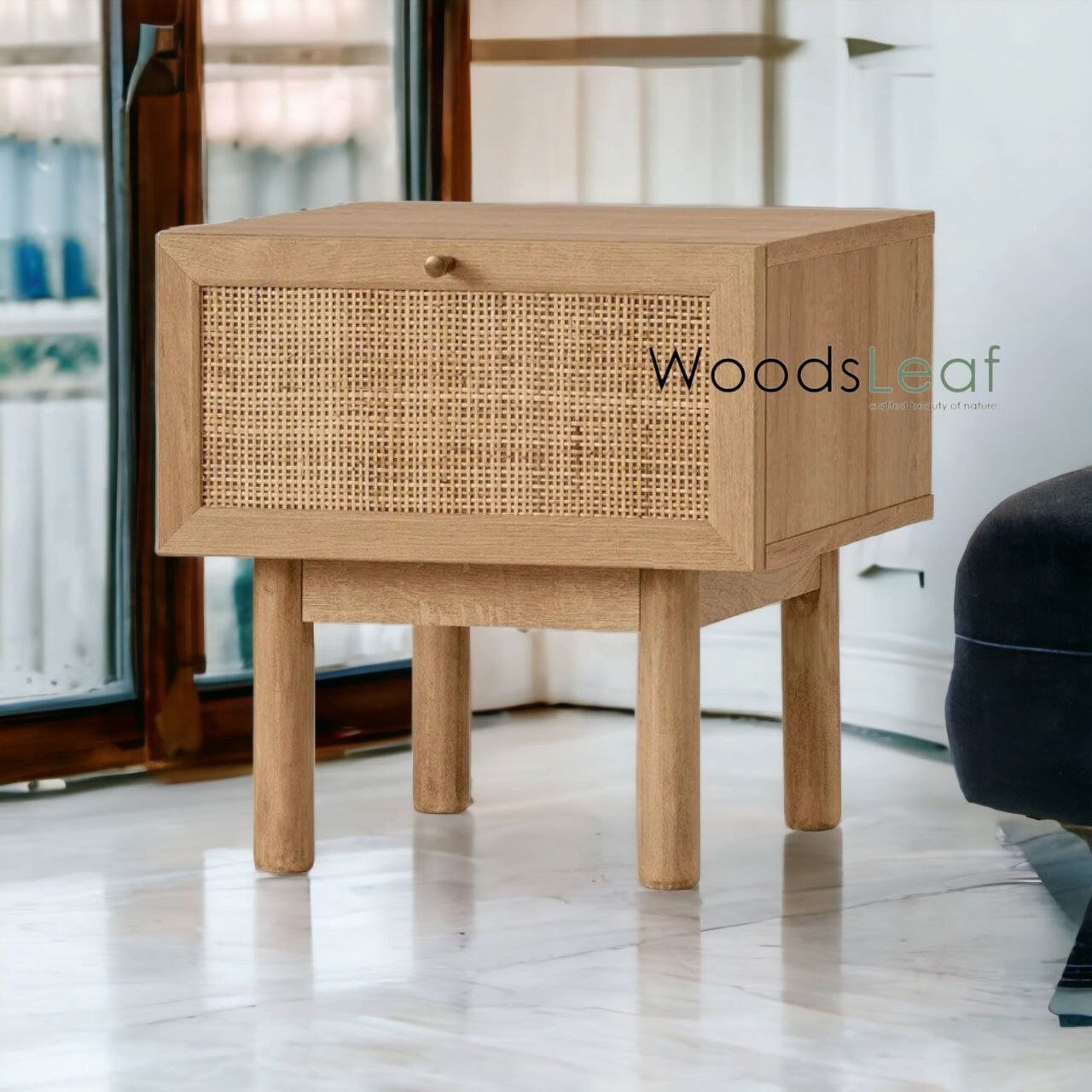 Table de chevet en canne naturelle faite à la main / Table de chevet / Tiroir en bois Décoration intérieure Bois de manguier Finition naturelle Meubles indiens