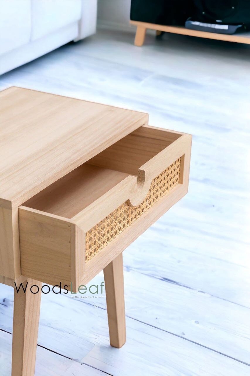 Table de chevet en canne naturelle faite à la main, tiroir en bois, décoration de maison, bois de manguier, finition naturelle, meubles indiens, table de chevet