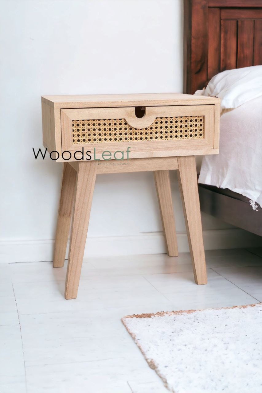 Table de chevet en canne naturelle faite à la main, tiroir en bois, décoration de maison, bois de manguier, finition naturelle, meubles indiens, table de chevet