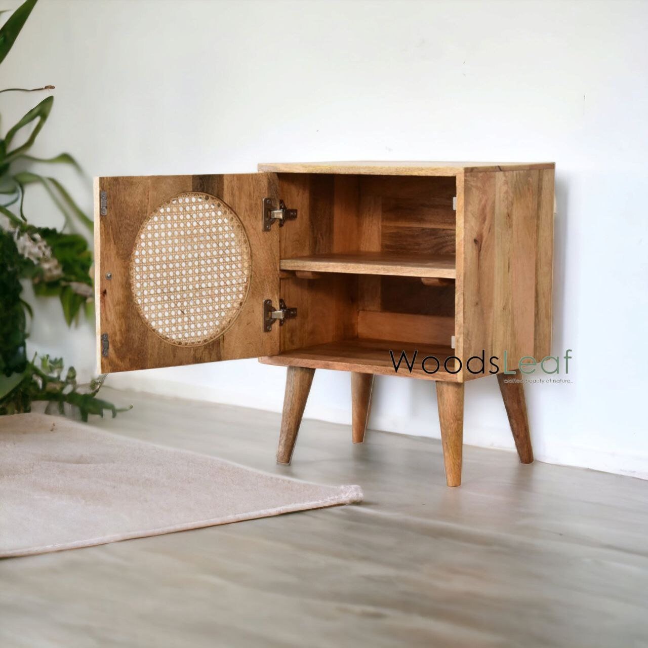 Table de chevet en canne naturelle faite à la main / Table de chevet / Porte en bois Décoration intérieure Bois de manguier Finition naturelle Meubles indiens