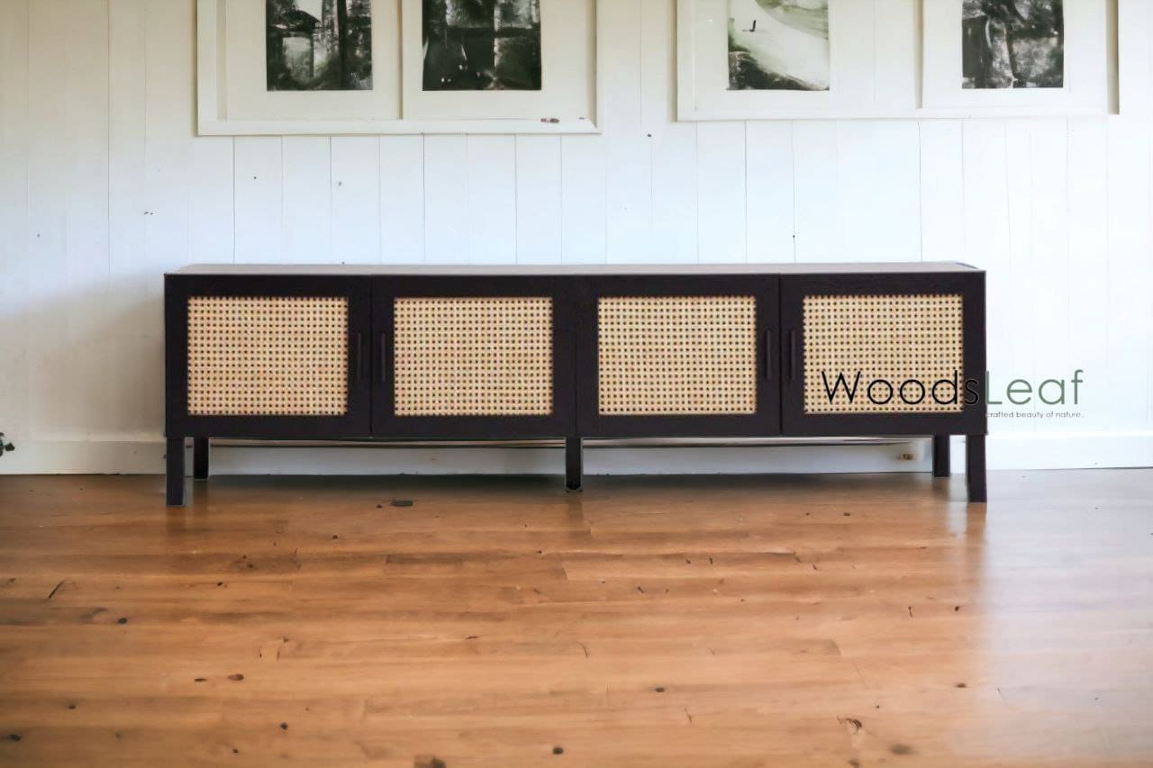 Console de télévision en canne naturelle faite à la main, porte en bois, décoration d'intérieur, bois de manguier, finition noire, meubles indiens/Tvc/unité TV