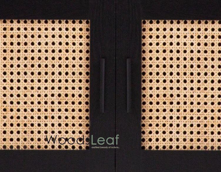 Console de télévision en canne naturelle faite à la main, porte en bois, décoration d'intérieur, bois de manguier, finition noire, meubles indiens/Tvc/unité TV