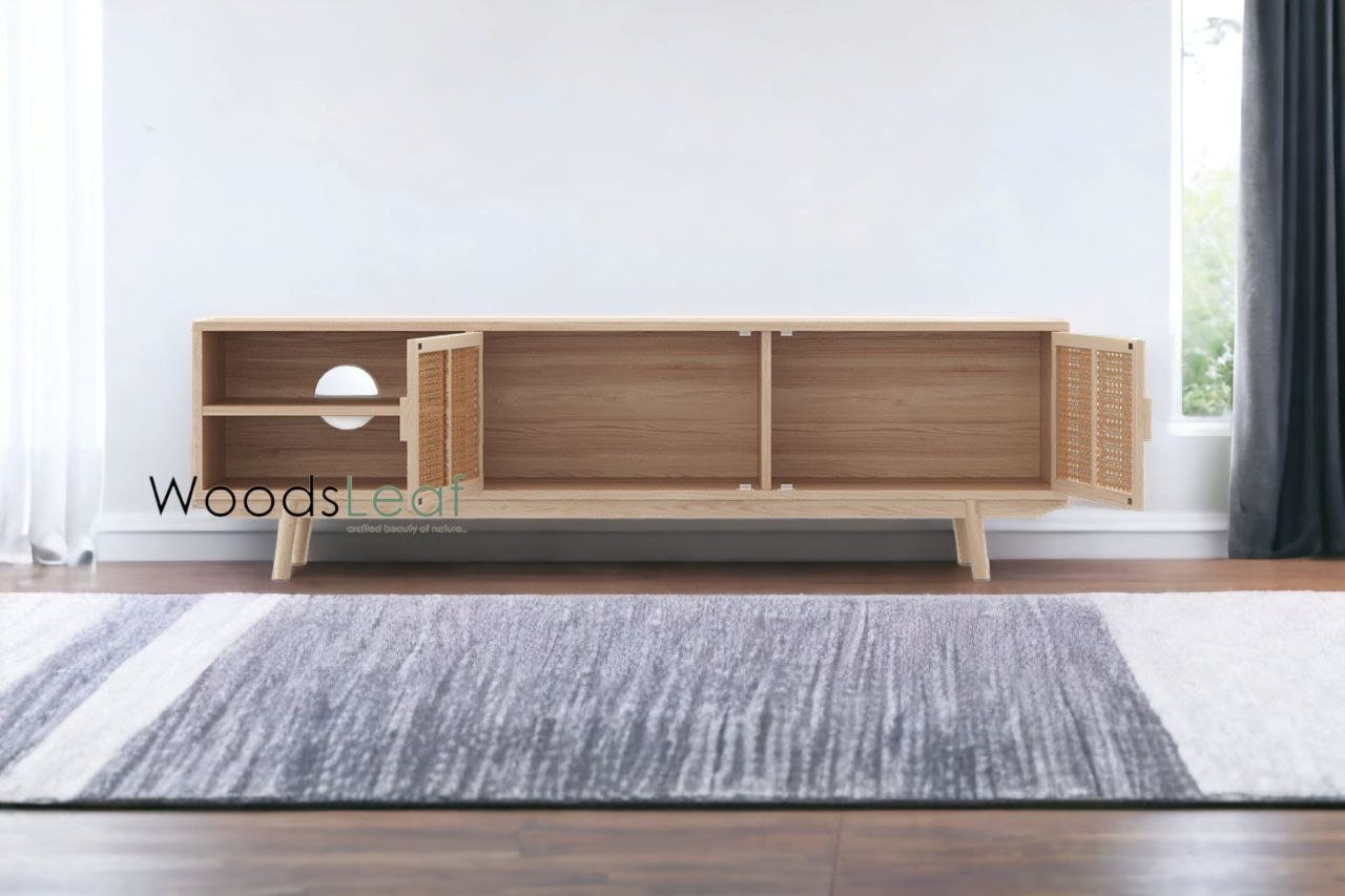 Console de télévision en canne naturelle faite à la main, porte en bois, décoration intérieure en bois de manguier, finition naturelle, meubles indiens/Tvc/unité TV