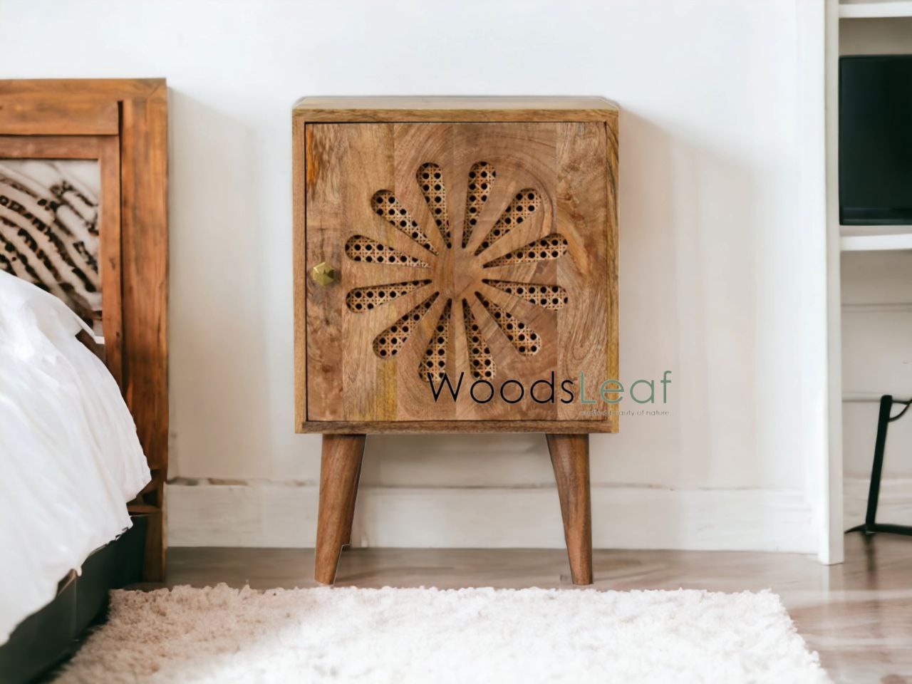 Table de chevet en canne naturelle faite à la main / Table de chevet / Porte en bois Décoration intérieure Bois de manguier Finition naturelle Meubles indiens