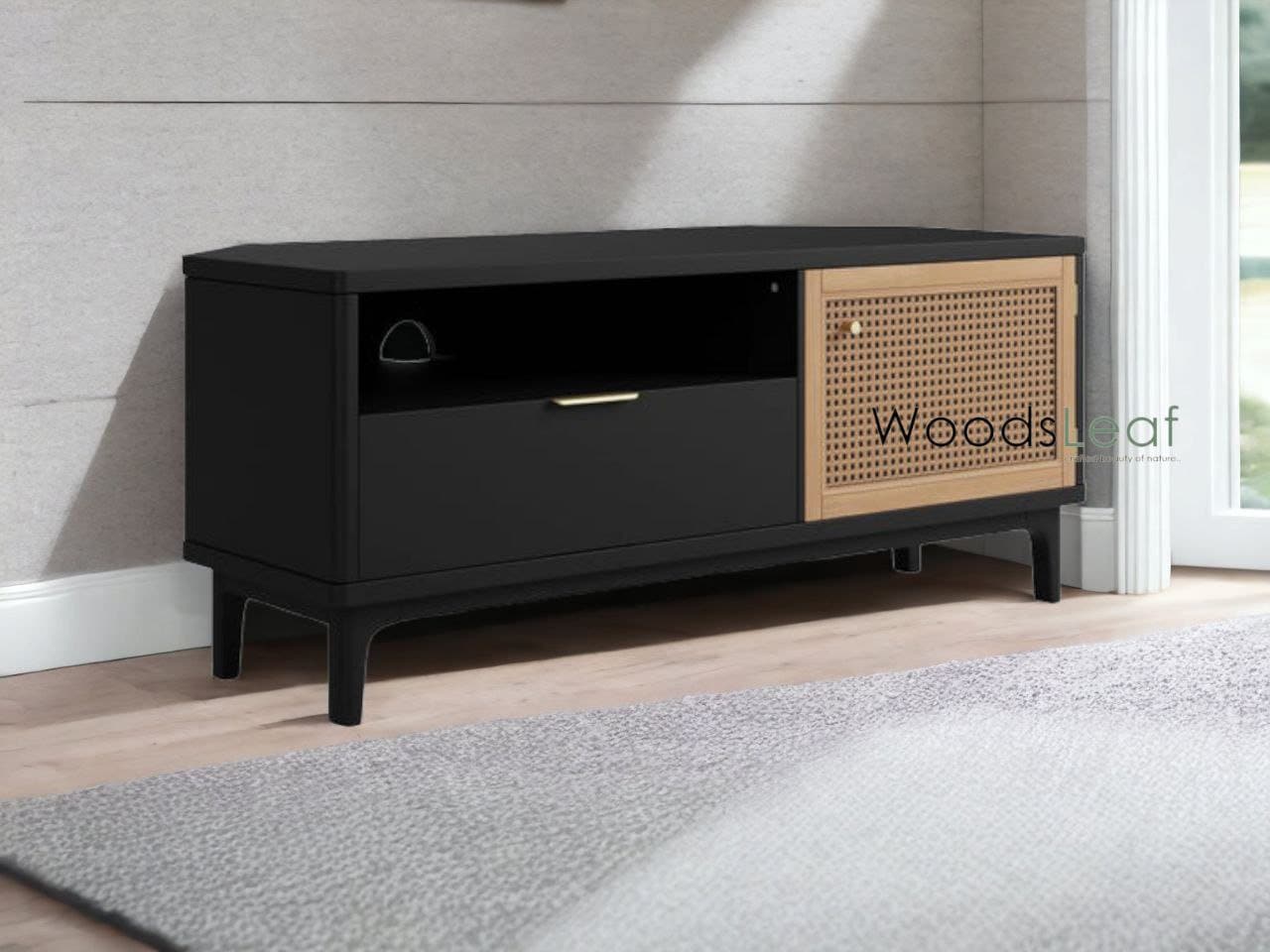 Console de télévision en canne naturelle faite à la main, porte en bois, décoration intérieure en bois de manguier, finition naturelle, meubles indiens/Tvc/unité TV