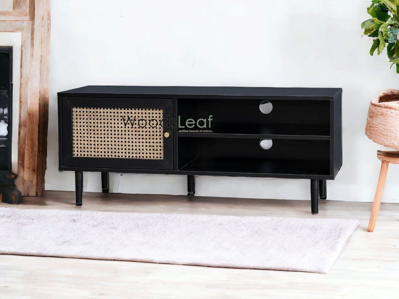 Console de télévision en canne naturelle faite à la main, porte en bois, décoration intérieure en bois de manguier, finition naturelle, meubles indiens/Tvc/unité TV