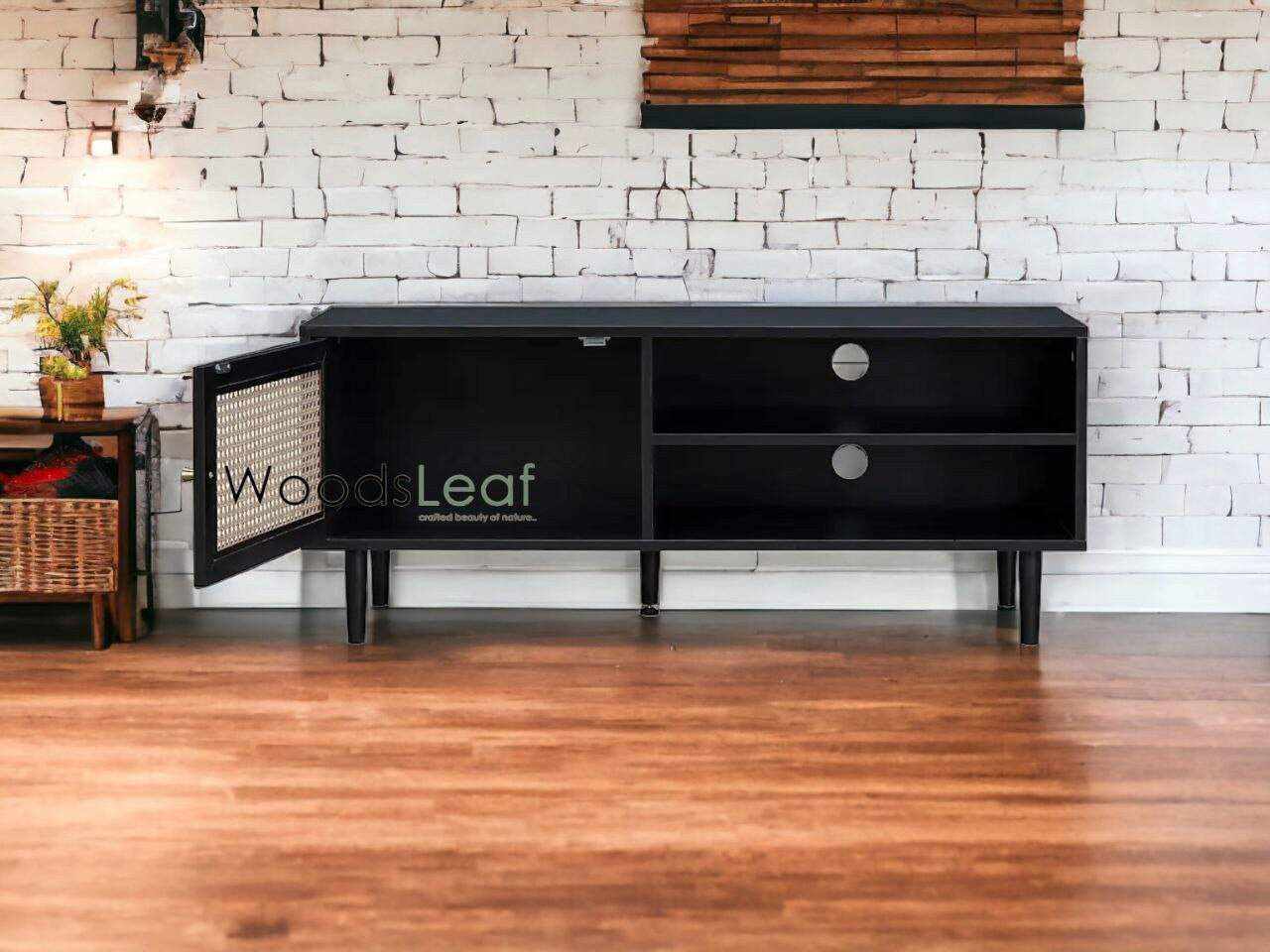 Console de télévision en canne naturelle faite à la main, porte en bois, décoration intérieure en bois de manguier, finition naturelle, meubles indiens/Tvc/unité TV