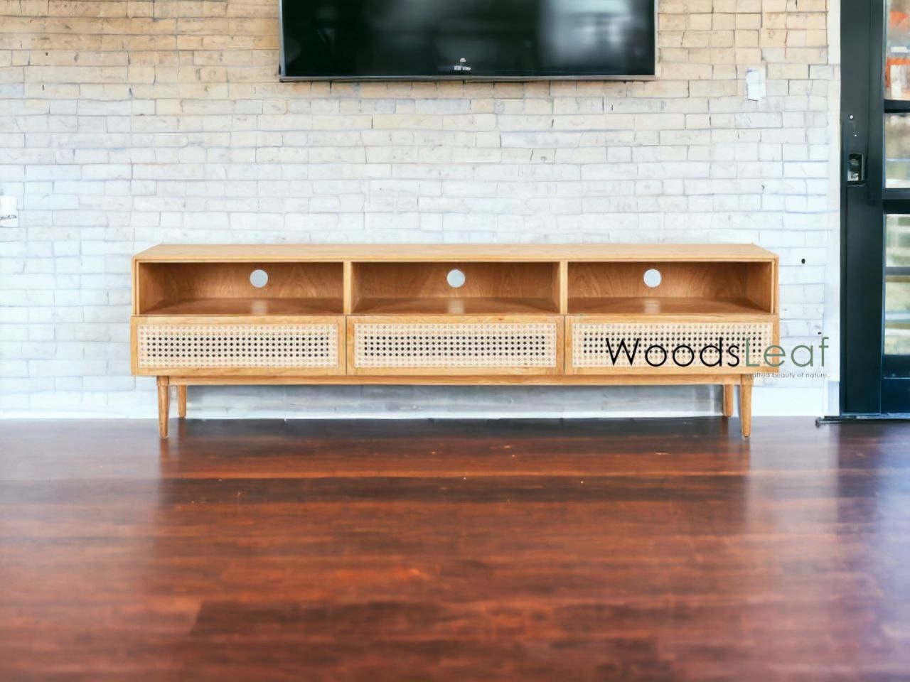 Console de télévision en canne naturelle faite à la main, porte en bois, décoration intérieure en bois de manguier, finition naturelle, meubles indiens/Tvc/unité TV