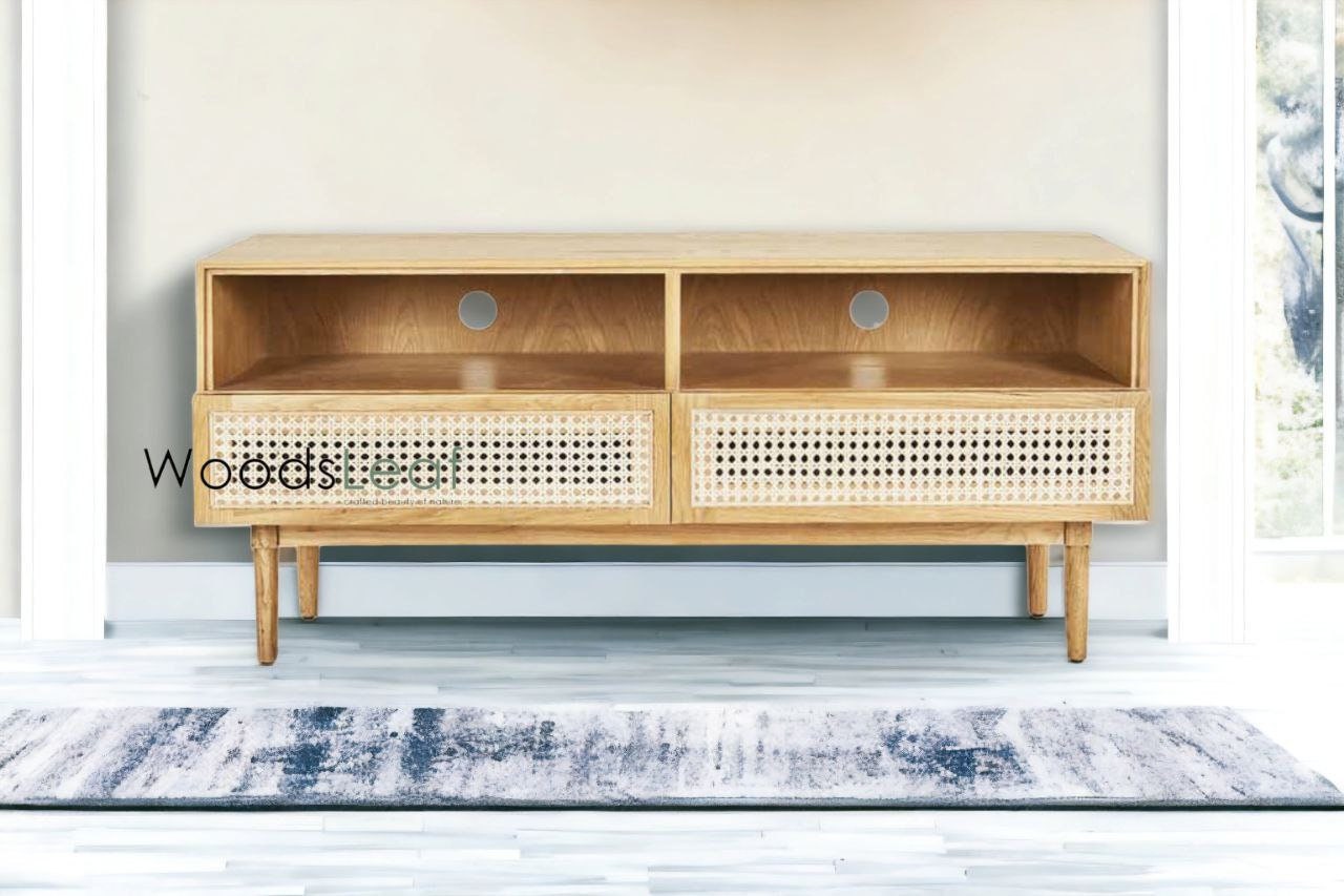 Console de télévision en canne naturelle faite à la main, porte en bois, décoration intérieure en bois de manguier, finition naturelle, meubles indiens/Tvc/unité TV