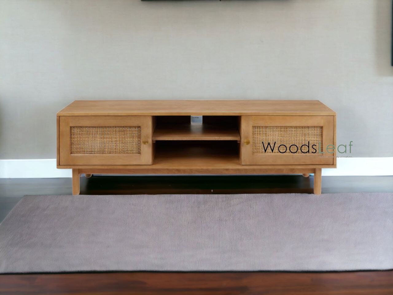 Console de télévision en canne naturelle faite à la main, porte en bois, décoration intérieure en bois de manguier, finition naturelle, meubles indiens/Tvc/unité TV