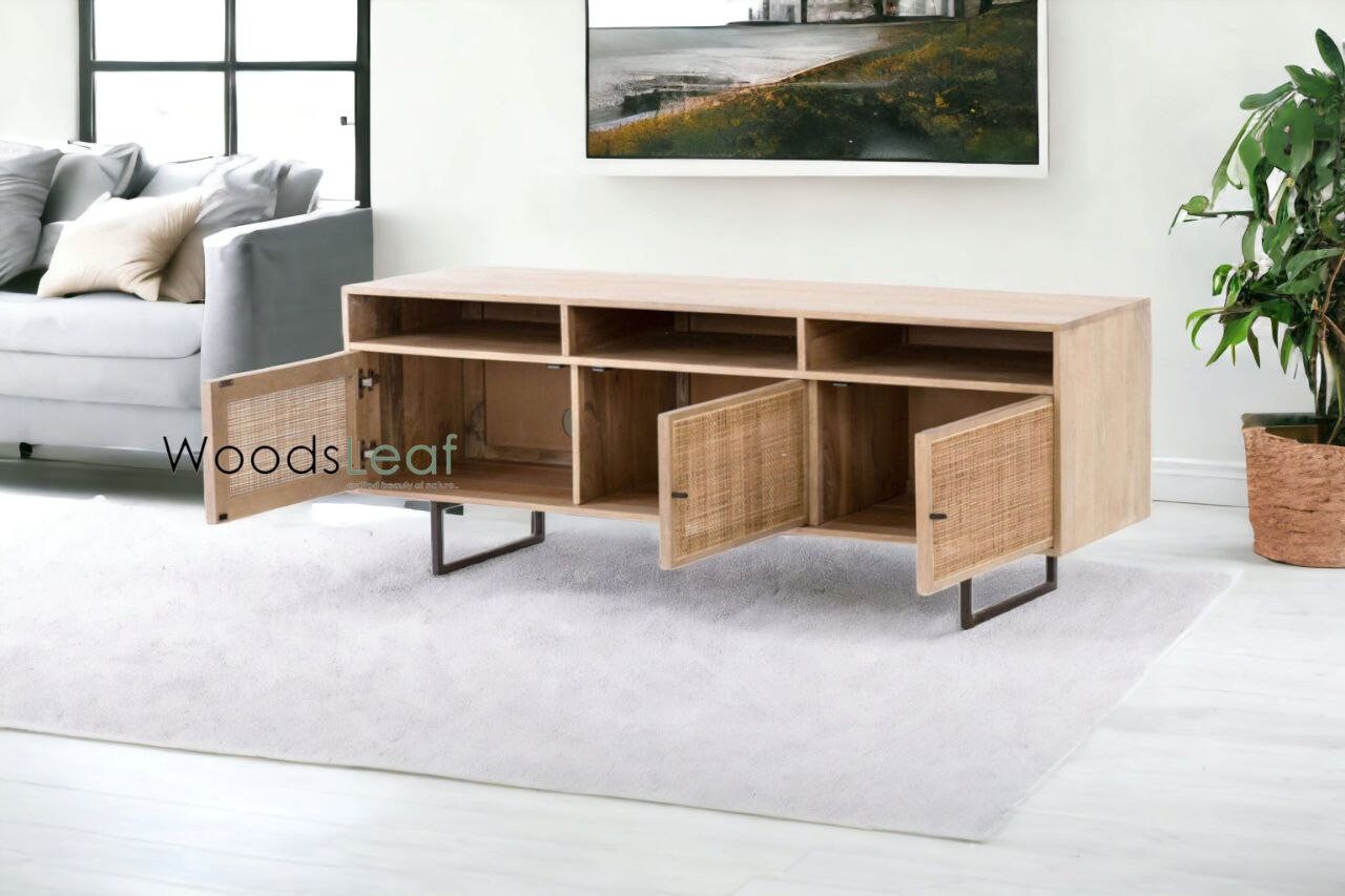 Console de télévision en canne naturelle faite à la main, porte en bois, décoration intérieure en bois de manguier, finition naturelle, meubles indiens/Tvc/unité TV