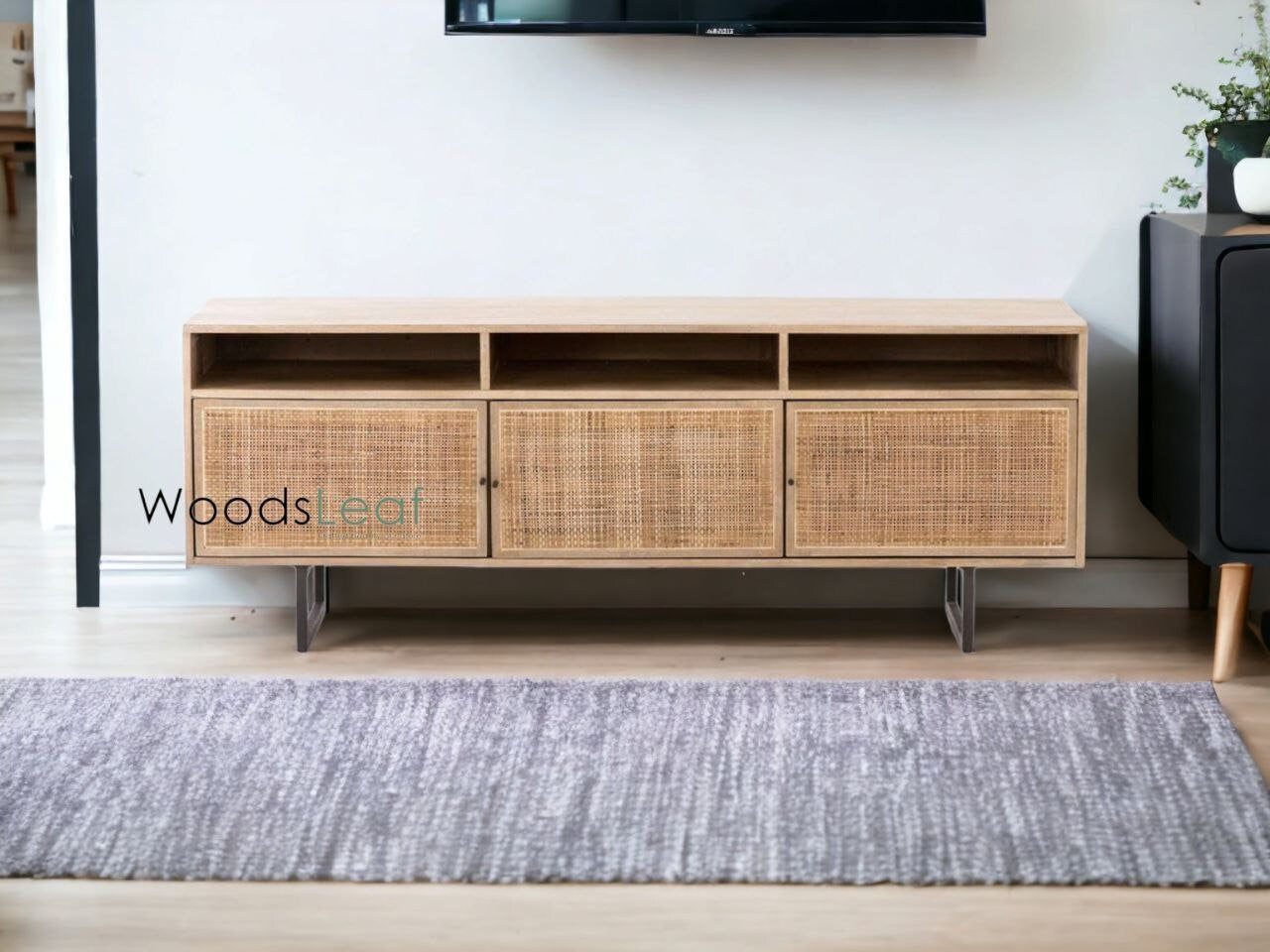 Console de télévision en canne naturelle faite à la main, porte en bois, décoration intérieure en bois de manguier, finition naturelle, meubles indiens/Tvc/unité TV
