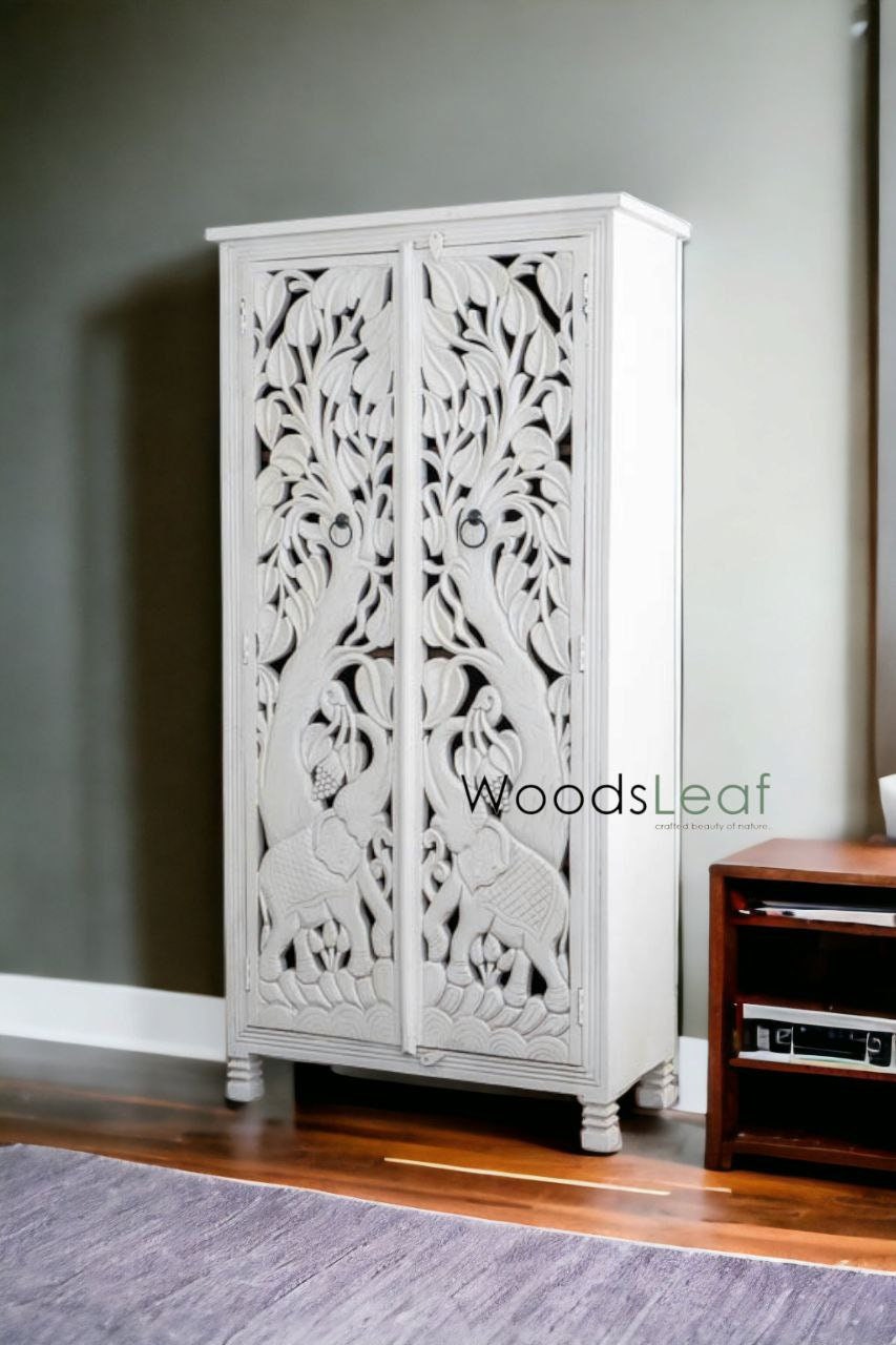 Armoire en bois massif antique vintage faite à la main, armoire sculptée, finition en détresse, armoire rustique sculptée, design blanc en détresse, 2 portes