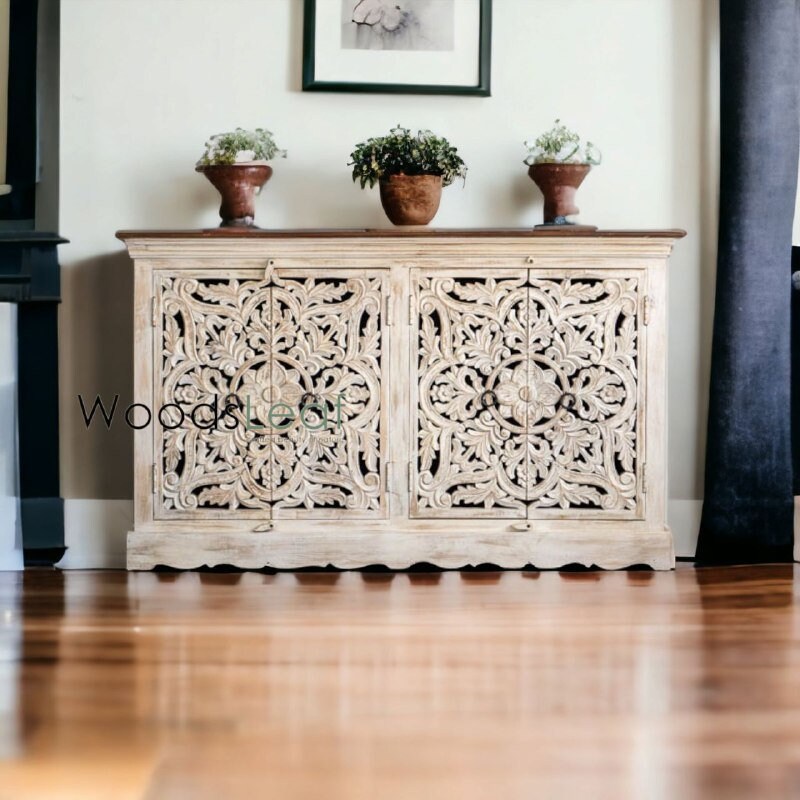 Handgeschnitztes Sideboard, Schrankaufbewahrungseinheiten, indisches Massivholz mit Distressed-Finish, Wohnzimmer-Schlafzimmermöbel, handgeschnitztes Sideboard