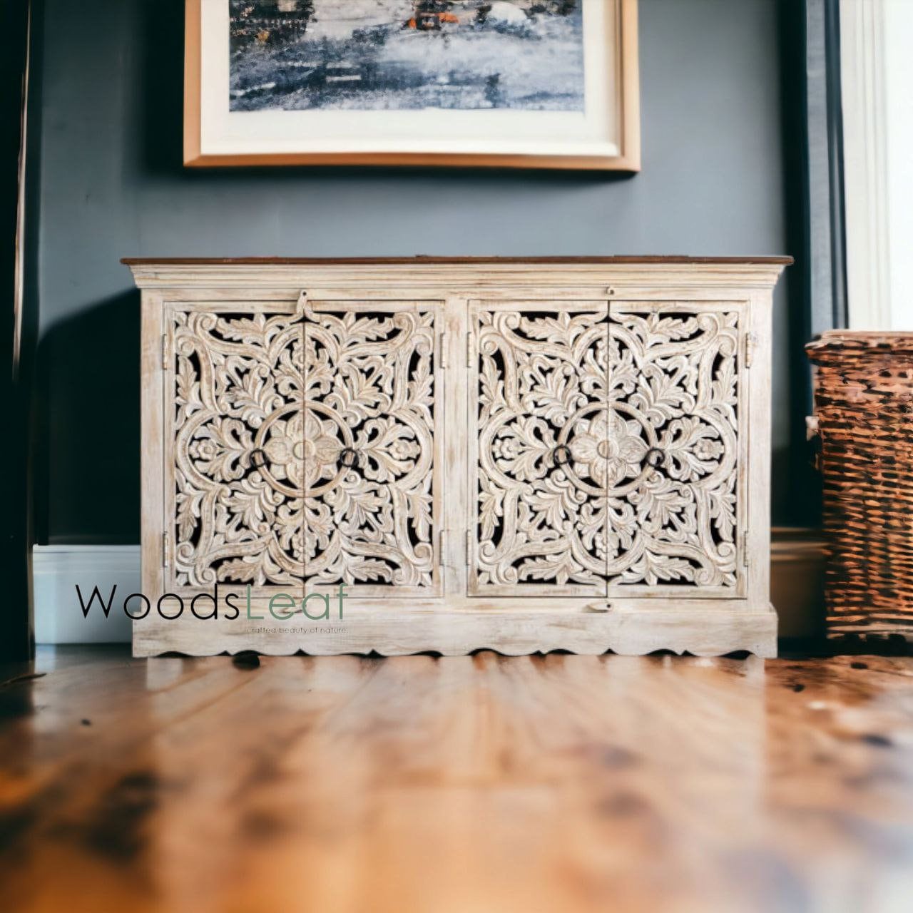 Handgeschnitztes Sideboard, Schrankaufbewahrungseinheiten, indisches Massivholz mit Distressed-Finish, Wohnzimmer-Schlafzimmermöbel, handgeschnitztes Sideboard
