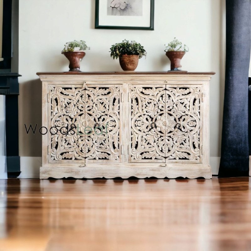 Handgeschnitztes Sideboard, Schrankaufbewahrungseinheiten, indisches Massivholz mit Distressed-Finish, Wohnzimmer-Schlafzimmermöbel, handgeschnitztes Sideboard
