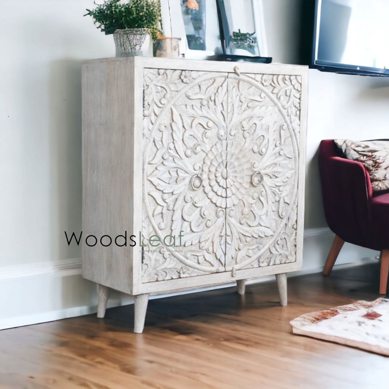 Finition en détresse, meubles de chambre à coucher de salon, buffet sculpté, buffet sculpté de fleurs à la main, unités de rangement d’armoire, bois massif indien