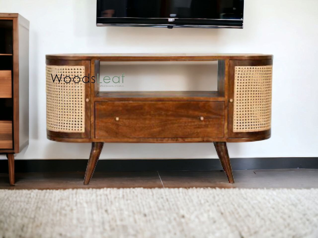 Console de télévision en canne naturelle faite à la main, porte en bois, décoration intérieure en bois de manguier, finition naturelle, meubles indiens/Tvc/unité TV