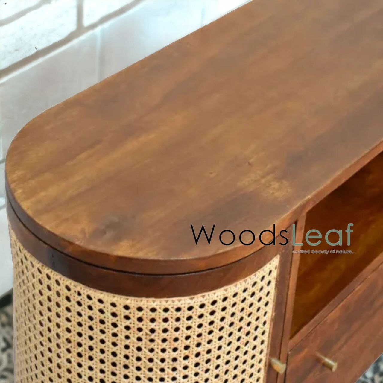 Console de télévision en canne naturelle faite à la main, porte en bois, décoration intérieure en bois de manguier, finition naturelle, meubles indiens/Tvc/unité TV