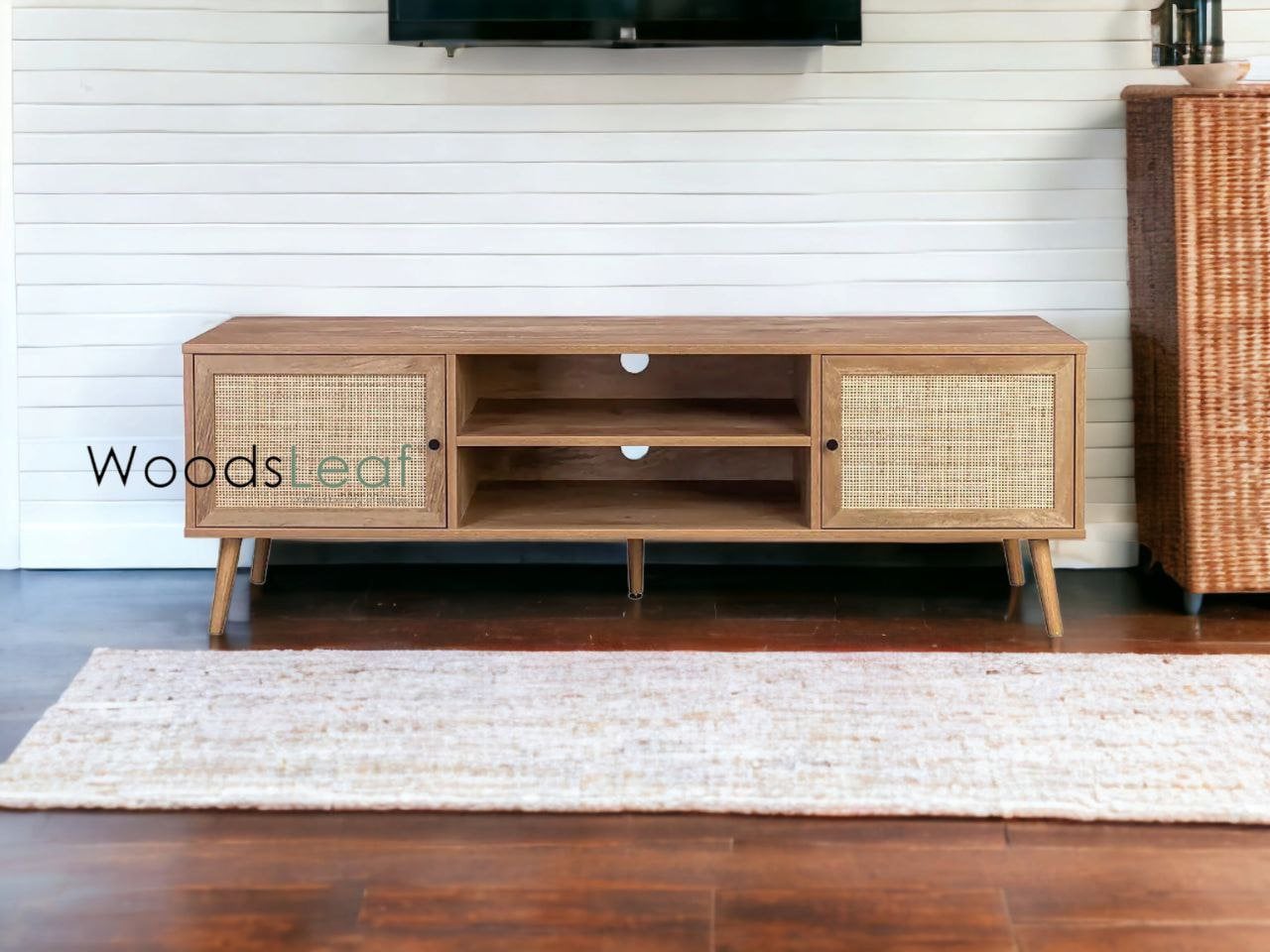 Console de télévision en canne naturelle faite à la main, porte en bois, décoration intérieure en bois de manguier, finition naturelle, meubles indiens/Tvc/unité TV