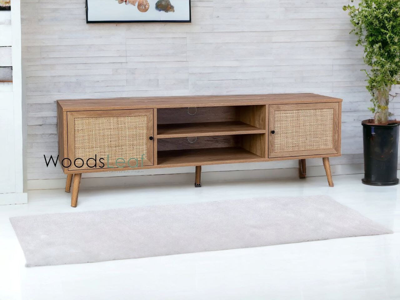 Console de télévision en canne naturelle faite à la main, porte en bois, décoration intérieure en bois de manguier, finition naturelle, meubles indiens/Tvc/unité TV
