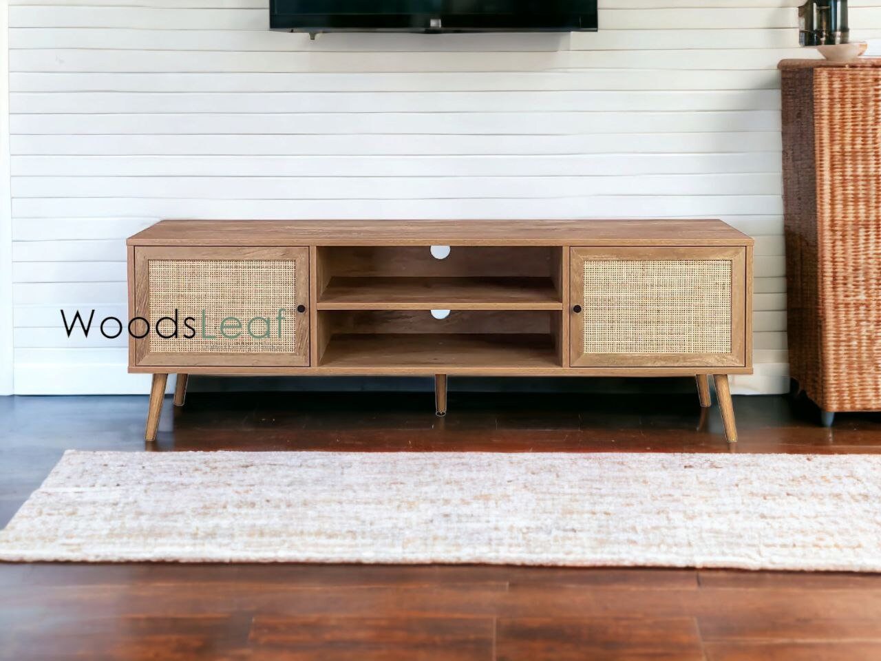 Console de télévision en canne naturelle faite à la main, porte en bois, décoration intérieure en bois de manguier, finition naturelle, meubles indiens/Tvc/unité TV