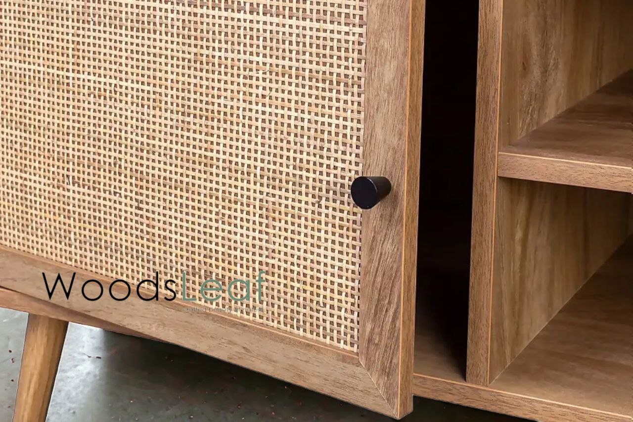 Console de télévision en canne naturelle faite à la main, porte en bois, décoration intérieure en bois de manguier, finition naturelle, meubles indiens/Tvc/unité TV