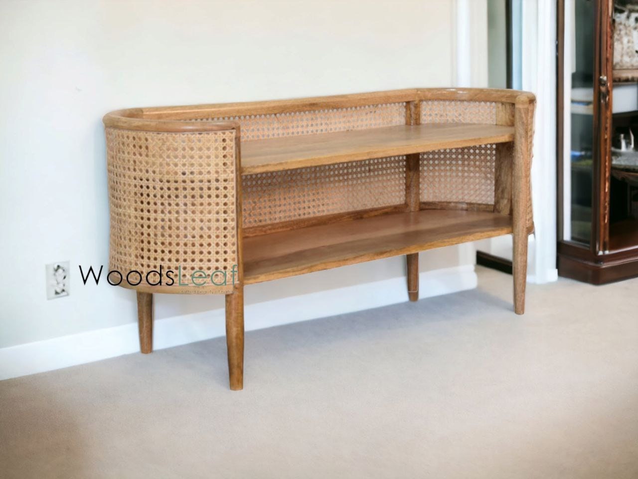 Console de télévision en canne naturelle faite à la main, porte en bois, décoration intérieure en bois de manguier, finition naturelle, meubles indiens/Tvc/unité TV