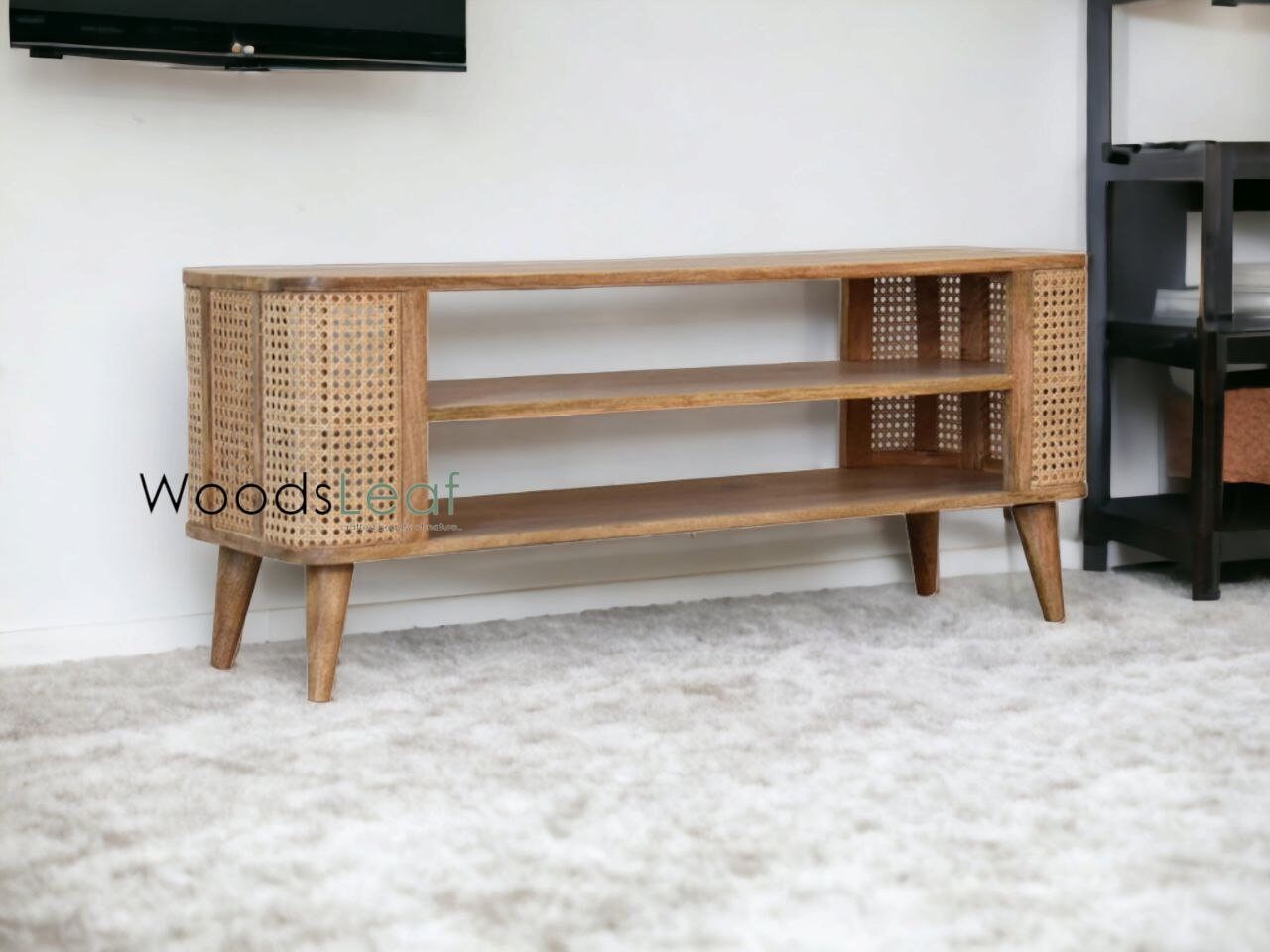 Console de télévision en canne naturelle faite à la main, porte en bois, décoration intérieure en bois de manguier, finition naturelle, meubles indiens/Tvc/unité TV