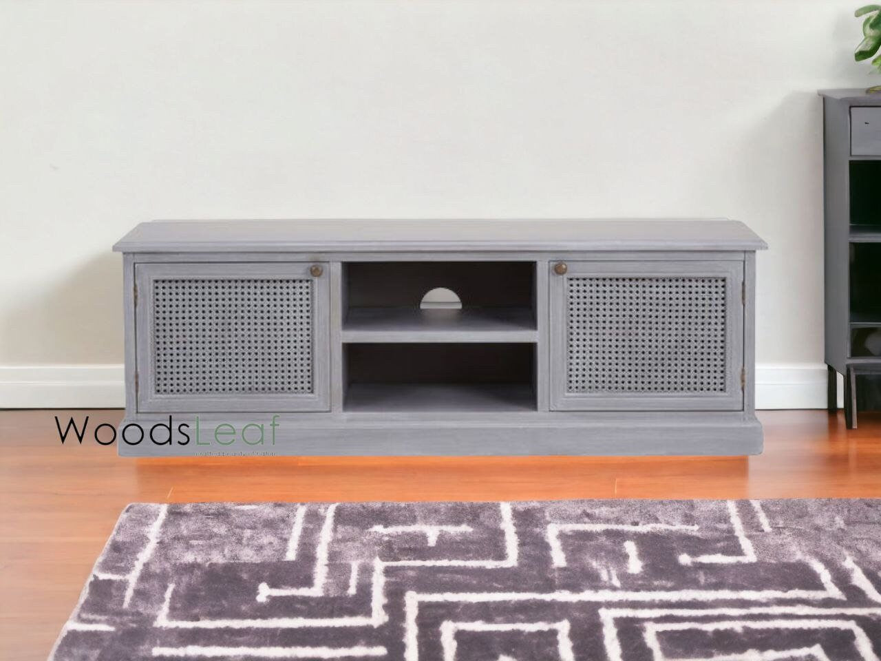 Console de télévision en canne naturelle faite à la main, porte en bois, décoration intérieure, finition grise en bois de manguier, meubles indiens/unité TV
