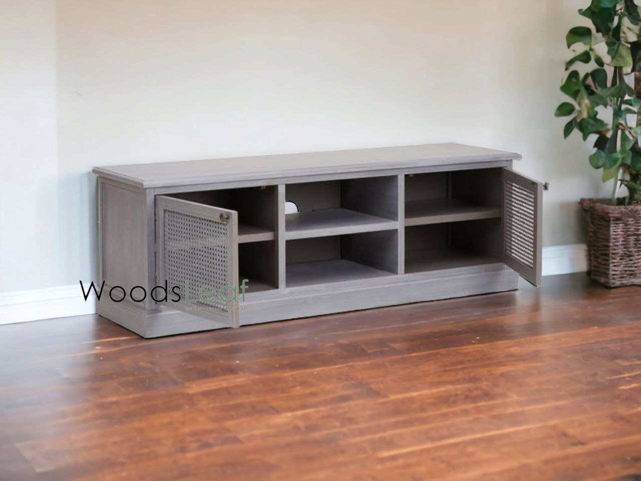 Console de télévision en canne naturelle faite à la main, porte en bois, décoration intérieure, finition grise en bois de manguier, meubles indiens/unité TV