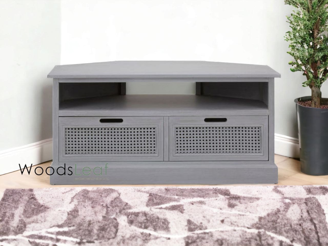 Console de télévision en canne naturelle faite à la main, porte en bois, décoration intérieure, finition grise en bois de manguier, meubles indiens/unité TV