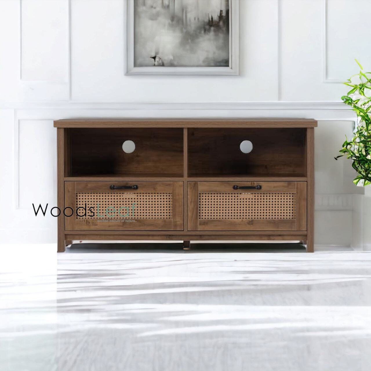 Console de télévision en canne naturelle faite à la main, porte en bois, décoration intérieure en bois de manguier, finition naturelle, meubles indiens/unité TV