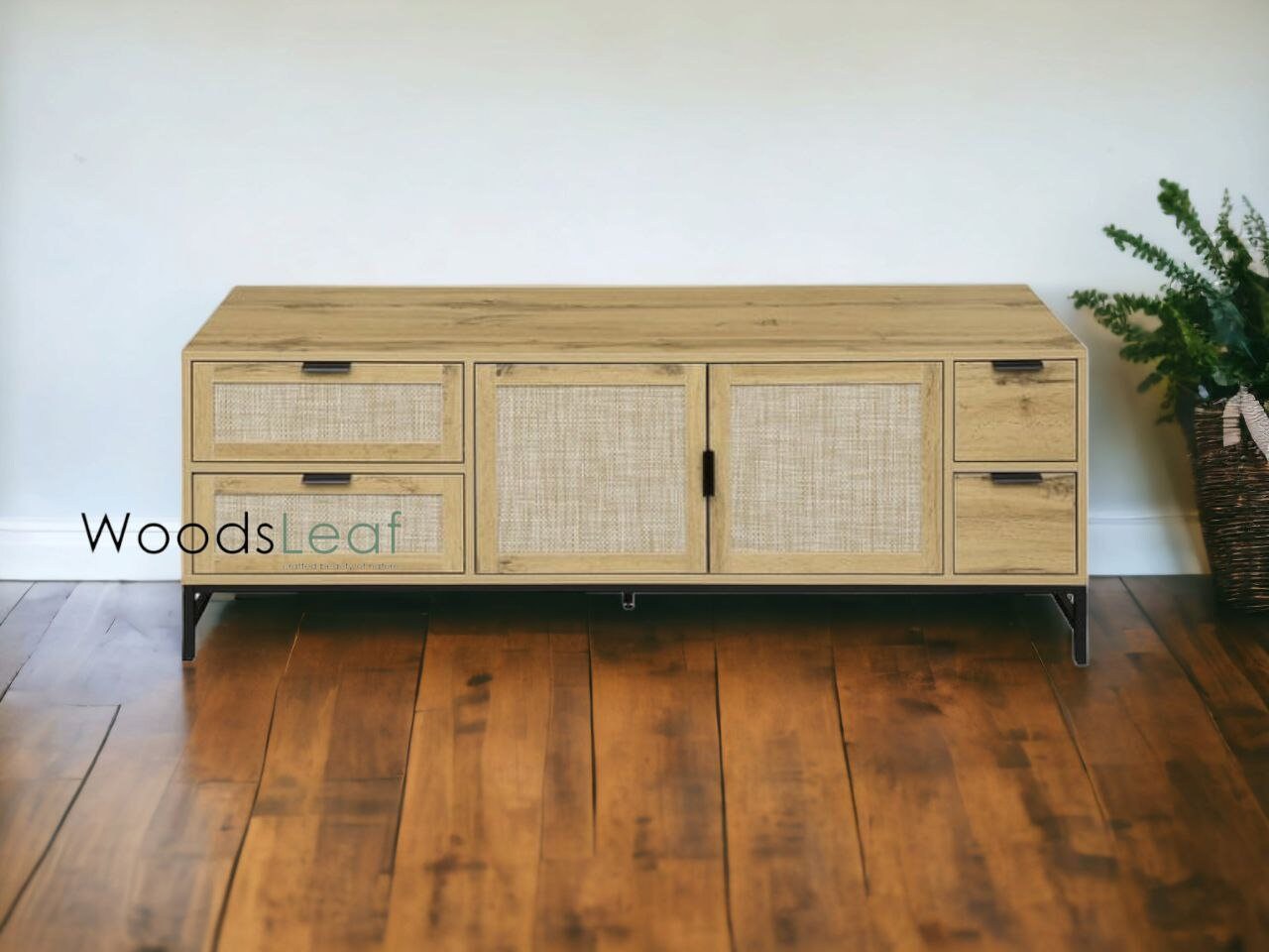Console de télévision en canne naturelle faite à la main, porte en bois, décoration intérieure en bois de manguier, finition naturelle, meubles indiens/Tvc/unité TV