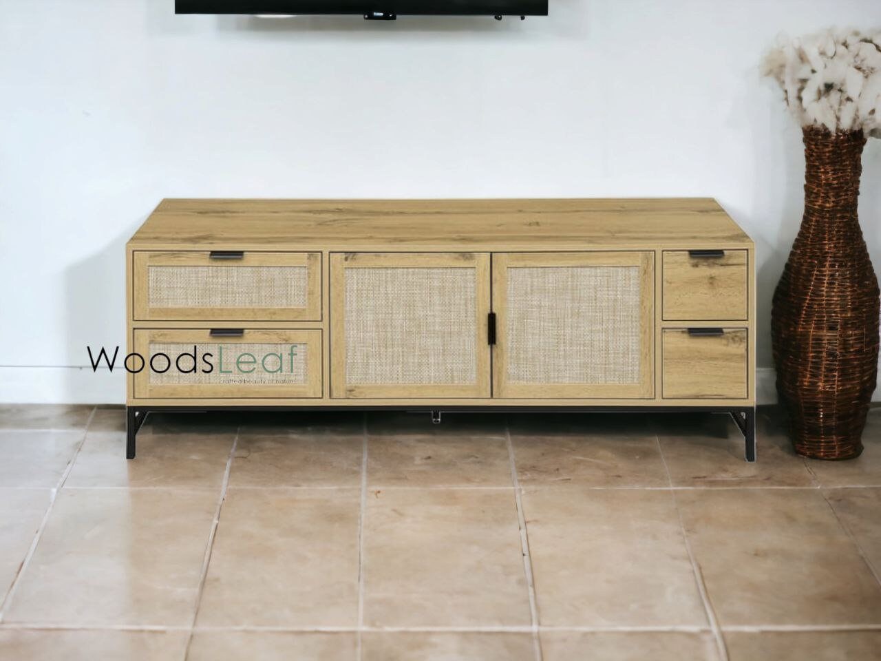 Console de télévision en canne naturelle faite à la main, porte en bois, décoration intérieure en bois de manguier, finition naturelle, meubles indiens/Tvc/unité TV