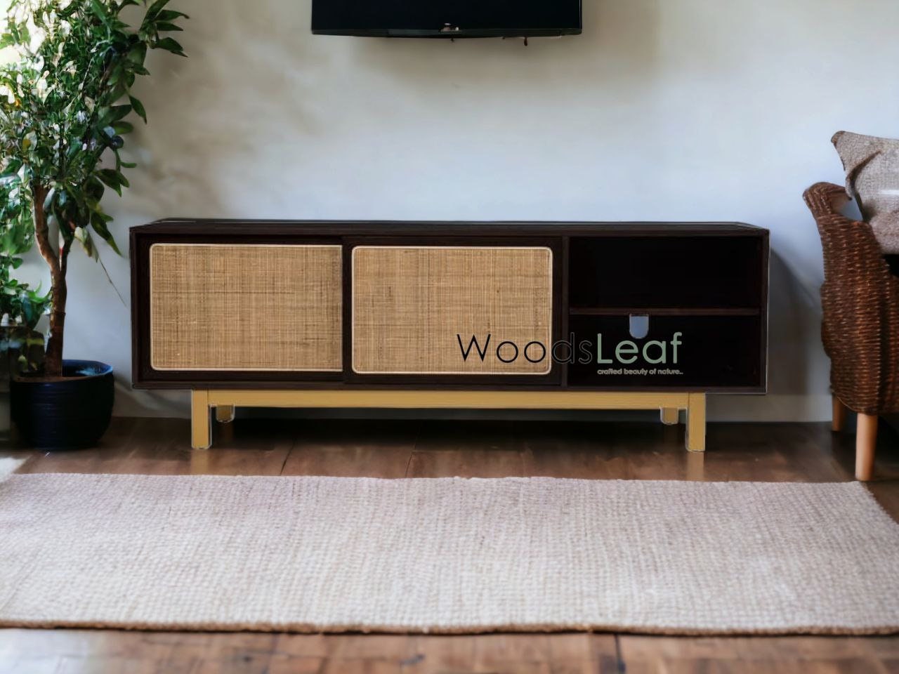 Console de télévision en canne naturelle faite à la main, porte en bois, décoration intérieure, finition en bois de manguier, meubles indiens/unité TV