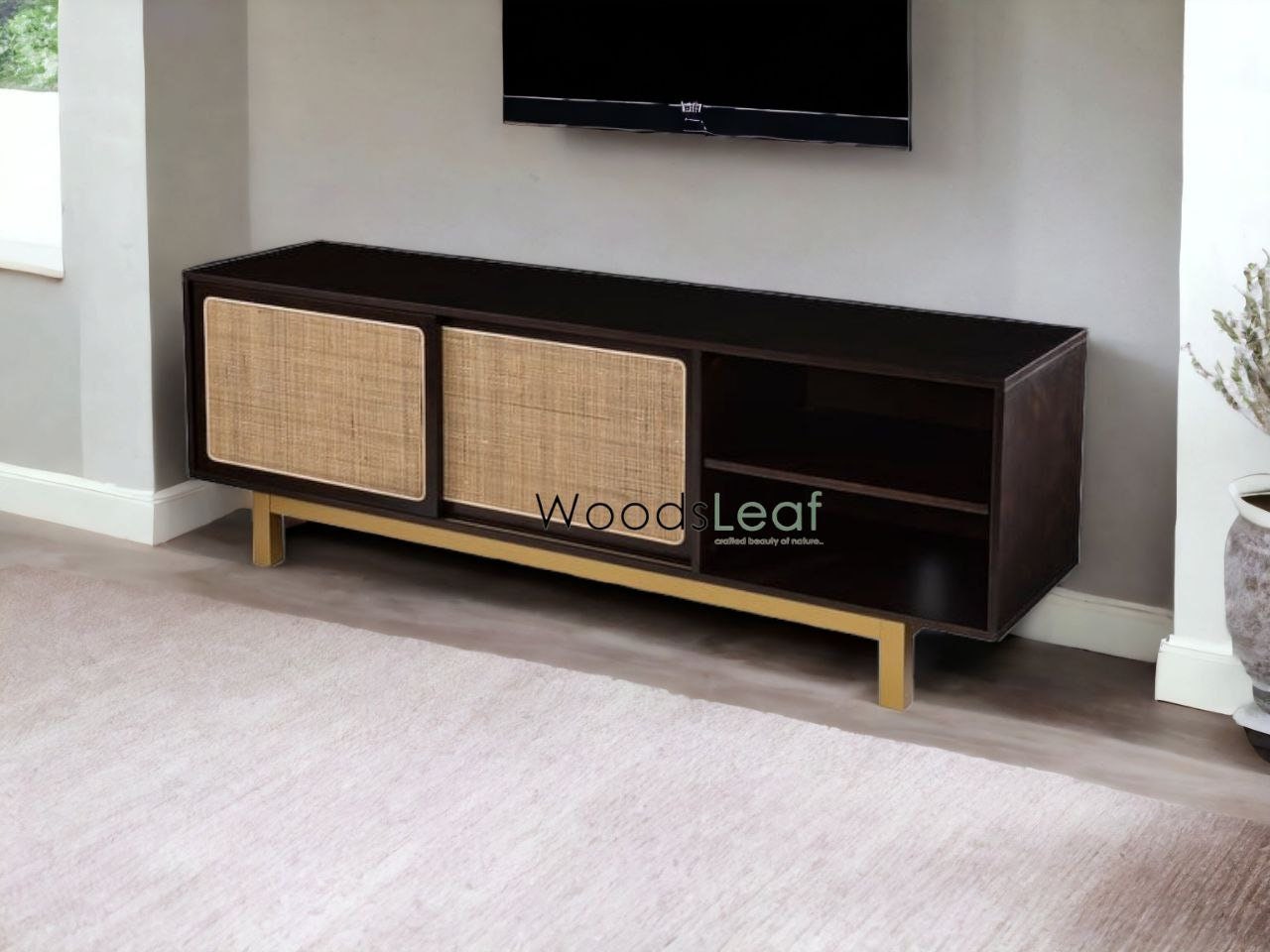 Console de télévision en canne naturelle faite à la main, porte en bois, décoration intérieure, finition en bois de manguier, meubles indiens/unité TV