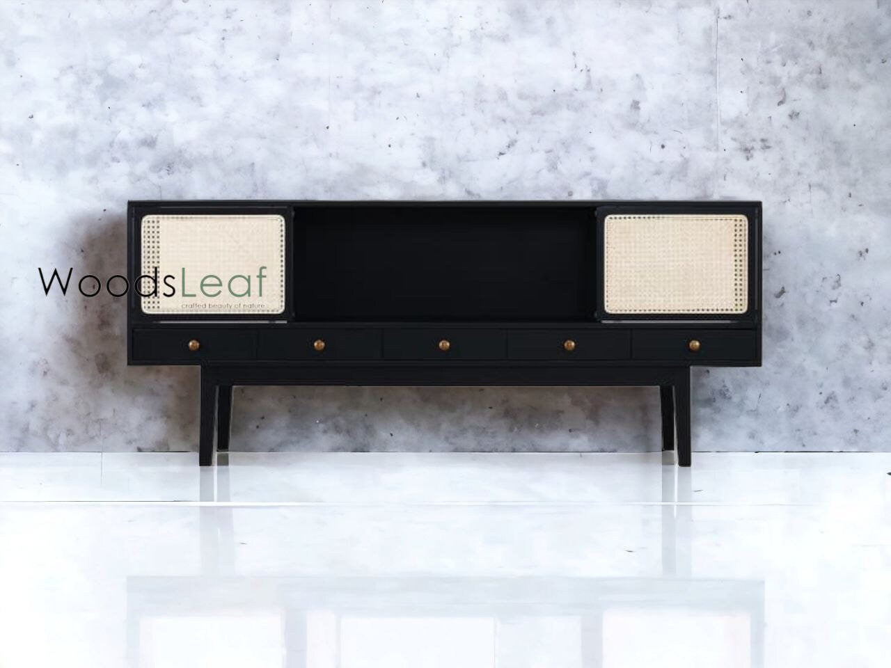 Console de télévision en canne naturelle faite à la main, porte en bois, décoration intérieure en bois de manguier, finition noire, meubles indiens/unité TV