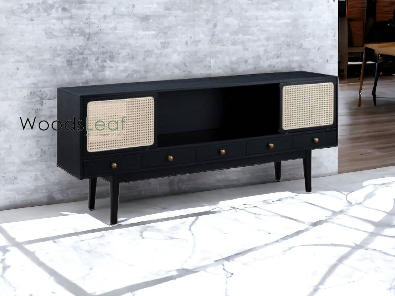 Console de télévision en canne naturelle faite à la main, porte en bois, décoration intérieure en bois de manguier, finition noire, meubles indiens/unité TV