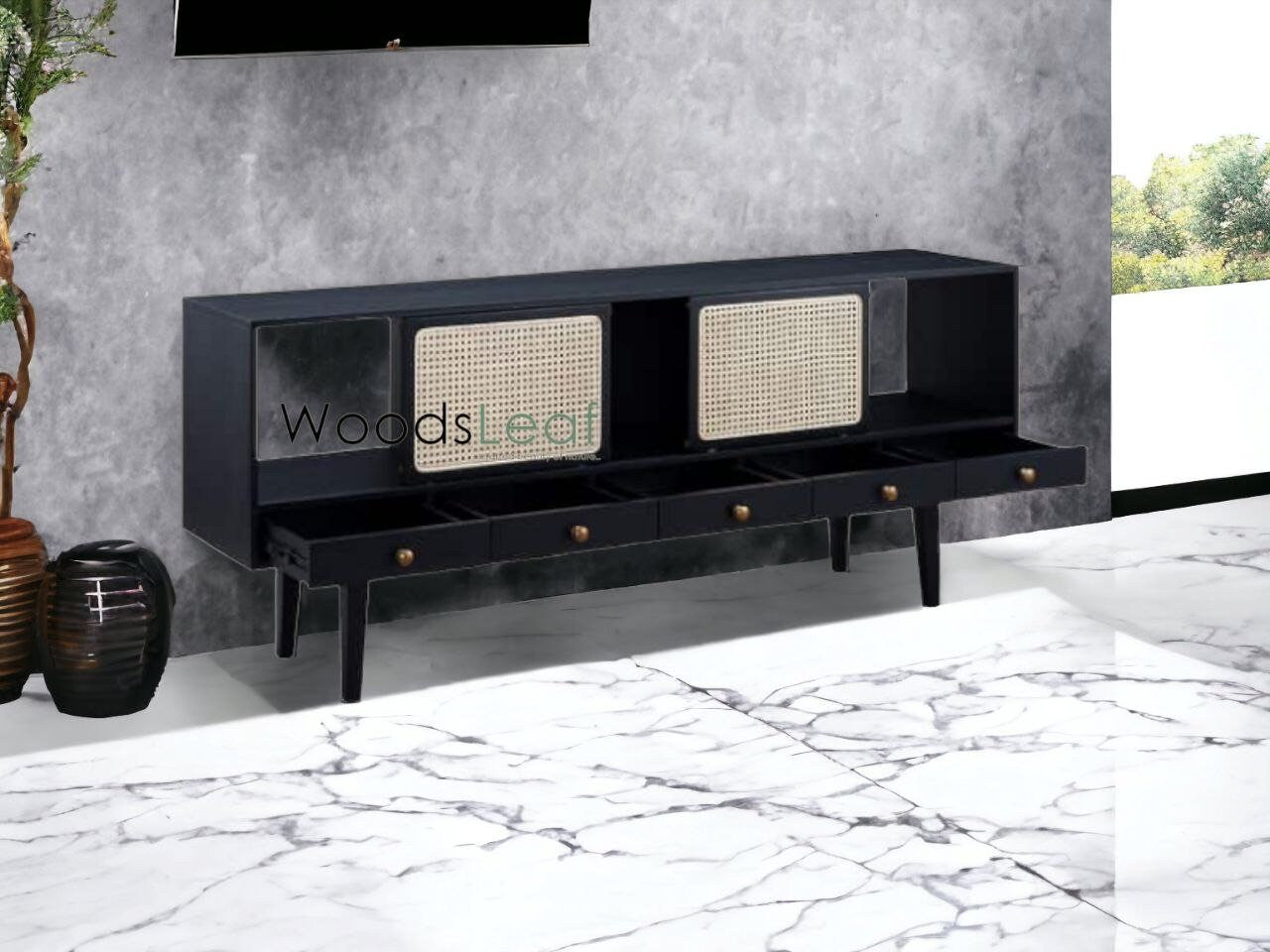 Console de télévision en canne naturelle faite à la main, porte en bois, décoration intérieure en bois de manguier, finition noire, meubles indiens/unité TV