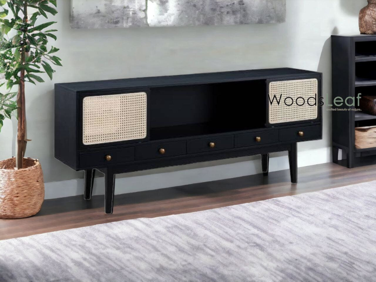 Console de télévision en canne naturelle faite à la main, porte en bois, décoration intérieure en bois de manguier, finition noire, meubles indiens/unité TV