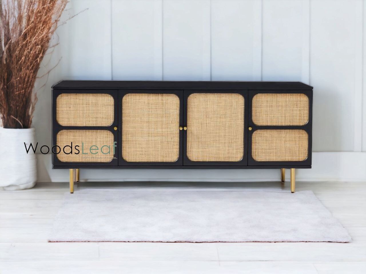 Console de télévision en canne naturelle faite à la main, porte en bois, décoration intérieure, finition en bois de manguier, meubles indiens/unité TV