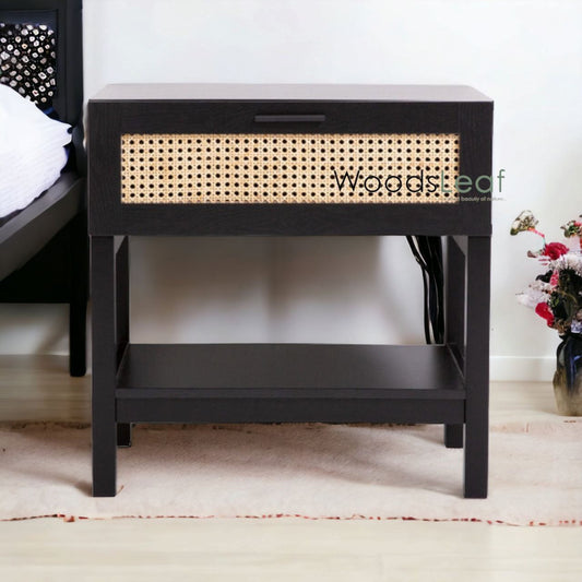 Table de chevet en canne naturelle faite à la main / Table de chevet / Tiroir en bois Décoration intérieure Bois de manguier Finition noire Meubles indiens