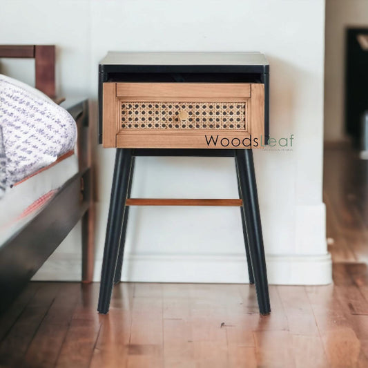 Table de chevet en canne naturelle faite à la main, tiroir en bois, décoration de maison, bois de manguier, finition noire, meubles indiens, table de chevet